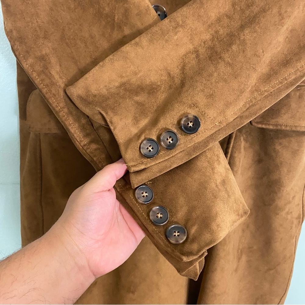 Anthropologie Faux Suede Trench Coat Brown Medium - Picture 6 of 9